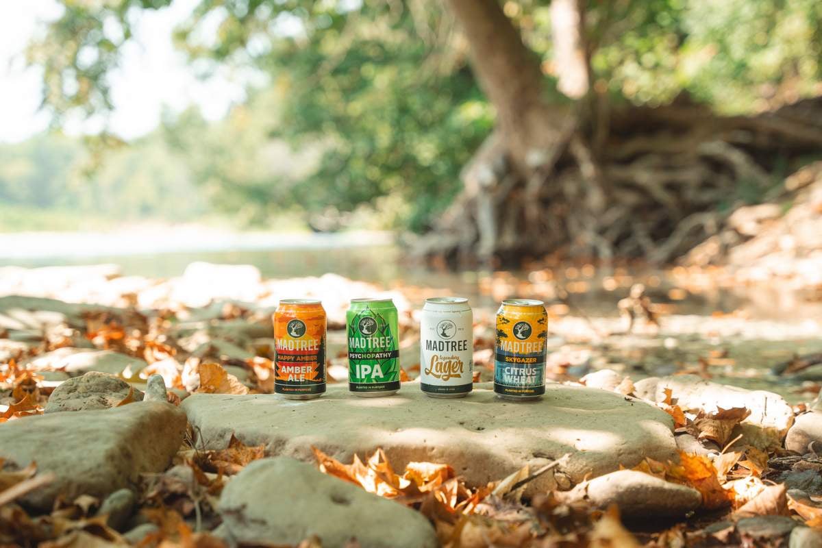 MadTree Brewing beer lineup cans sitting by lake