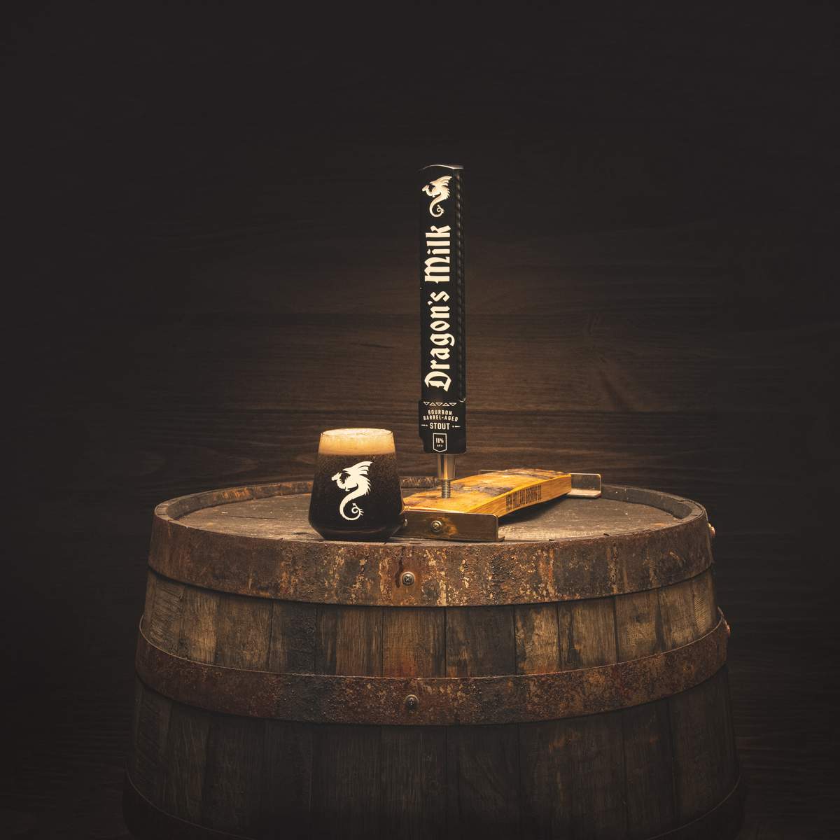 Dragon Milk tap handle on barrel 