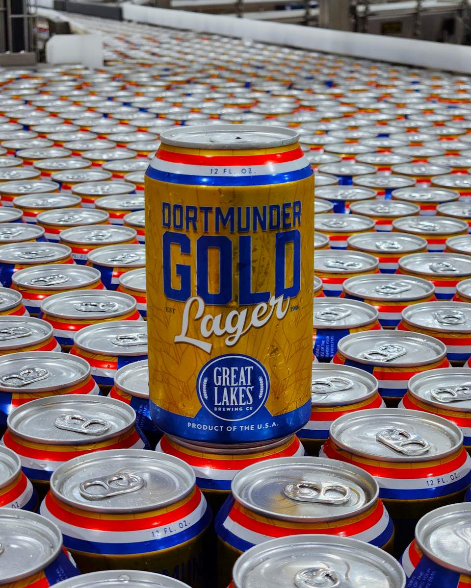 Great Lakes Brewing Dortmunder cans stacked