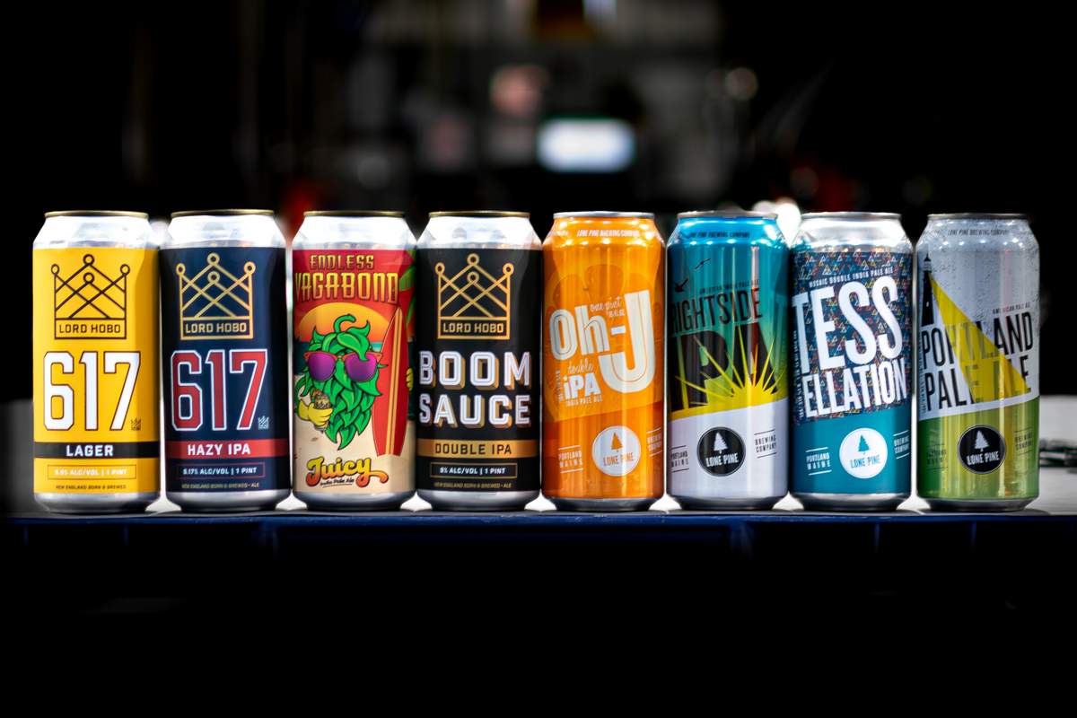 Lone Pine and Lord Hobo Brewing beer cans all lined up 